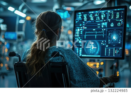 Patient in Wheelchair Utilizing Advanced Smart Sensor Technology in Modern Healthcare Environment for Monitoring and Diagnostics 132224985