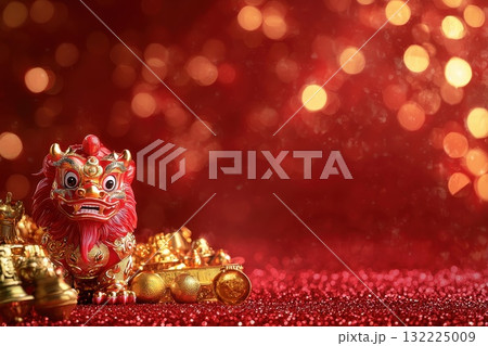 Vibrant Red Decorative Lion Figure on Shimmering Background for Celebratory Themes, Symbolizing Prosperity and Joy in Cultural Festivities 132225009