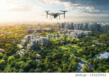 Aerial View of a Drone Flying Over a Modern City Landscape with Green Parks, Skyscrapers, and Beautiful Cloudy Sky at Sunset Seeking Urban Nature Balance Aerial View of a Drone Flying Over a Modern City Landscape with Green Parks, Skyscrapers, and Beautiful Cloudy Sky at Sunset Seeking Urban Nature Balance 132225012