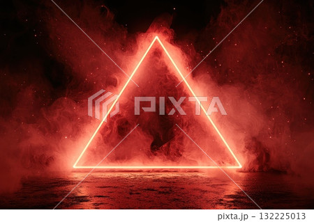 Neon Triangle Illuminated by Red Fog in a Dark Setting, Creating a Mysterious and Atmospheric Visual 132225013