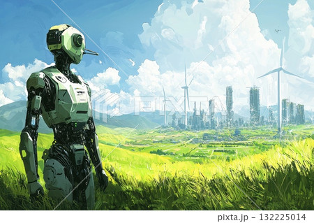 Futuristic Robot Overlooking a Lush Green Landscape with Wind Turbines and a Modern City in the Background Under a Vibrant Blue Sky with Fluffy Clouds Futuristic Robot Overlooking a Lush Green Landscape with Wind Turbines and a Modern City in the Background Under a Vibrant Blue Sky with Fluffy Clouds 132225014