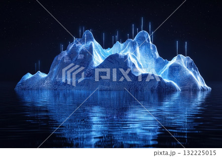 Abstract Representation of a Futuristic Iceberg Dominating a Calm Water Surface, Surrounded by Glowing Lines and Digital Elements Against a Starry Night Sky Abstract Representation of a Futuristic Iceberg Dominating a Calm Water Surface, Surrounded by Glowing Lines and Digital Elements Against a Starry Night Sky 132225015