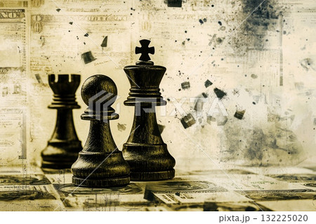 Chess Pieces on Vintage Currency Background, Strategic Thinking and Financial Decisions in the Game of Life and Business Challenges Chess Pieces on Vintage Currency Background, Strategic Thinking and Financial Decisions in the Game of Life and Business Challenges 132225020