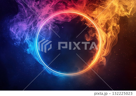Abstract Colorful Smoke Circle with Vibrant Flames and Cosmic Background 132225023