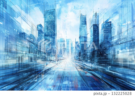 Futuristic Cityscape with Skyscrapers Highlighting Modern Architecture in a Vibrant Blue Palette and Abstract Design Elements Reflecting Innovation and Urban Life 132225028