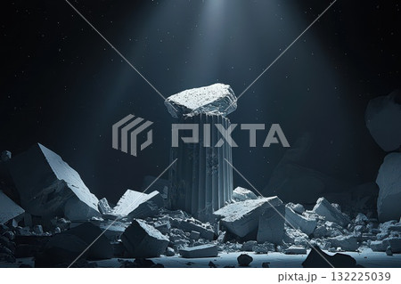 Enigmatic Ruins of a Forgotten Civilization with Crumbling Pillars and Debris Under a Mysterious Spotlight in a Dark, Starry Environment Enigmatic Ruins of a Forgotten Civilization with Crumbling Pillars and Debris Under a Mysterious Spotlight in a Dark, Starry Environment 132225039