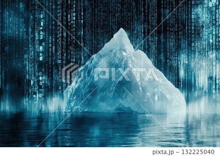 A Glacial Mountain Emerges from a Digital Sea, Surrounded by Cascading Binary Code in a Futuristic Concept Exploring Technology and Nature Interplay A Glacial Mountain Emerges from a Digital Sea, Surrounded by Cascading Binary Code in a Futuristic Concept Exploring Technology and Nature Interplay 132225040