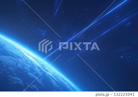 Stunning view of Earth from space with atmospheric glow and bright streaks representing cosmic phenomena and distant celestial bodies in a starry sky Stunning view of Earth from space with atmospheric glow and bright streaks representing cosmic phenomena and distant celestial bodies in a starry sky 132225041