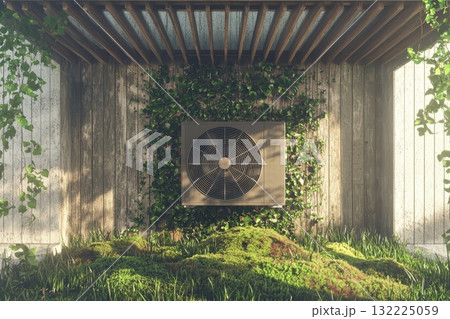 Modern Air Conditioning Unit Surrounded by Lush Green Plants in a Contemporary Indoor Space with Natural Light and Wooden Accents Modern Air Conditioning Unit Surrounded by Lush Green Plants in a Contemporary Indoor Space with Natural Light and Wooden Accents 132225059