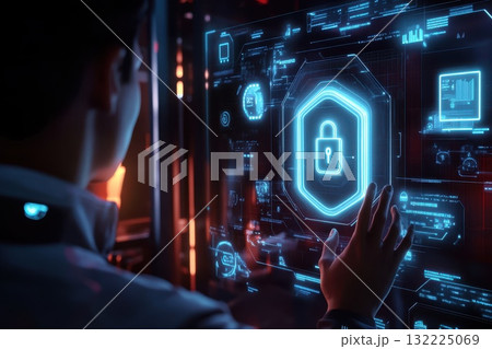 Futuristic Cyber Security Concept with Person Interacting with Holographic Lock and Digital Interface in Dark Environment Futuristic Cyber Security Concept with Person Interacting with Holographic Lock and Digital Interface in Dark Environment 132225069