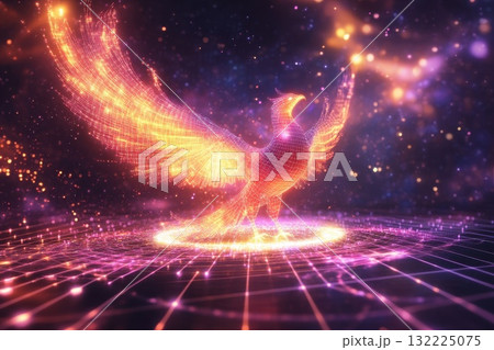Stunning Digital Rendering of a Fiery Phoenix, Emanating Light and Energy, Showcasing Sparkling Particles and Vivid Colors Against a Dark Cosmic Background 132225075