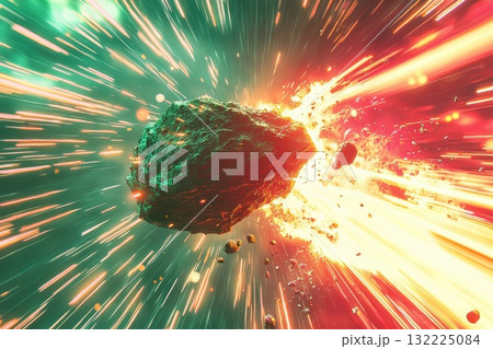 Futuristic Depiction of a Large Asteroid Surrounded by Explosive Energy and Colorful Light in a Space Environment Futuristic Depiction of a Large Asteroid Surrounded by Explosive Energy and Colorful Light in a Space Environment 132225084