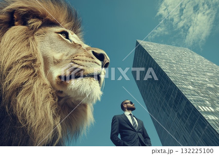 Majestic Lion and Businessman Against a Modern Skyscraper, A Powerful Symbol of Strength, Leadership, and Urban Life in the Contemporary World Majestic Lion and Businessman Against a Modern Skyscraper, A Powerful Symbol of Strength, Leadership, and Urban Life in the Contemporary World 132225100
