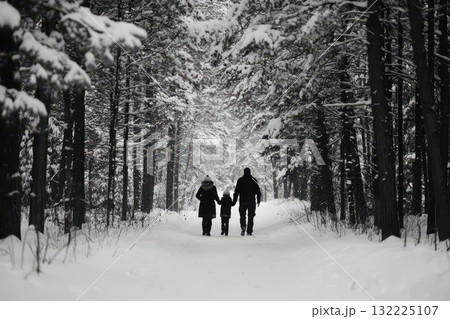 Serene Winter Walk Through a Snow-Covered Forest Path with Family Amidst Tall Trees and Gentle Snowfall 132225107