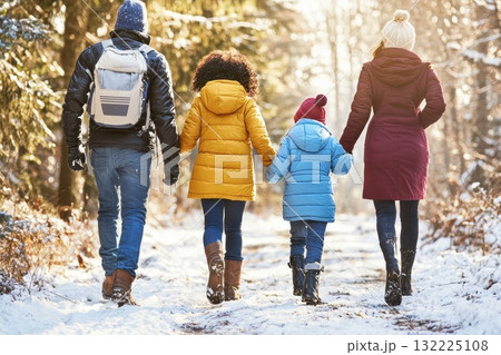 Family Journey Through Snowy Winter Forest, Children Walking Hand in Hand, Colorful Coats and Casual Attire, Beautiful Natural Scenery, Scenic Outdoor Adventure 132225108