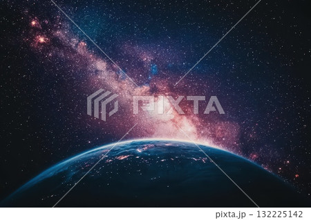 Breathtaking View of Earth with Milky Way Galaxy Background, Stunning Cosmic Scene Showcasing Stars and Colorful Nebula in Infinite Universe 132225142