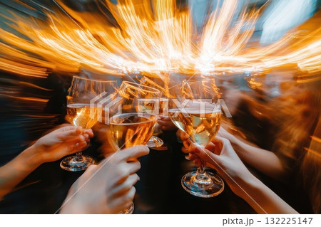 Glasses of champagne raised in celebration with dynamic light trails, conveying a festive and joyful atmosphere among friends at a lively gathering 132225147