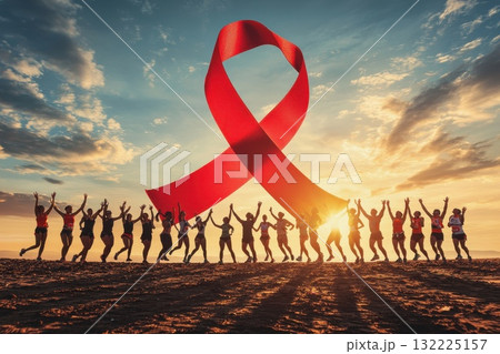 Group of people celebrating in front of a large symbolic red ribbon against a stunning sunset sky, promoting awareness and standing together in solidarity for a cause. 132225157