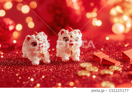 Charming Figurines Representing Happiness and Prosperity, Surrounded by Sparkling Red Glitter and Festive Elements for Celebrating Lunar New Year Traditions and Joyful Atmosphere 132225177