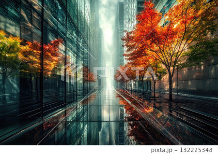 Serene Urban Landscape Reflecting Autumn Colors with Lush Trees and Modern Architectural Elements in a Vibrant City Environment Under Misty Conditions Serene Urban Landscape Reflecting Autumn Colors with Lush Trees and Modern Architectural Elements in a Vibrant City Environment Under Misty Conditions 132225348