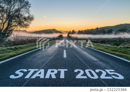 Open Road Leading to a New Beginning at Dawn With START 2025 Text Marked on the Asphalt Surrounded by Misty Fields and Sunrise Glow Open Road Leading to a New Beginning at Dawn With START 2025 Text Marked on the Asphalt Surrounded by Misty Fields and Sunrise Glow 132225366