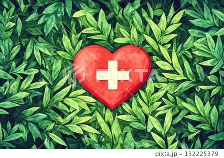 Heart Symbol with Medical Cross Set Against a Lush Green Leaf Background Representing Health, Wellness, Nature, and Care in a Vibrant and Artistic Style Heart Symbol with Medical Cross Set Against a Lush Green Leaf Background Representing Health, Wellness, Nature, and Care in a Vibrant and Artistic Style 132225379