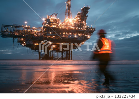 Worker in Safety Vest Walking by Oil Rig at Dusk with Lights Reflecting on Water 132225434