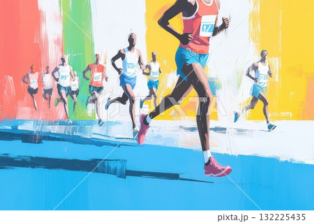 Vibrant Abstract Illustration of Runners in a Marathon Competition Highlighting Dynamic Movement and Energy with Bold Colorful Background 132225435