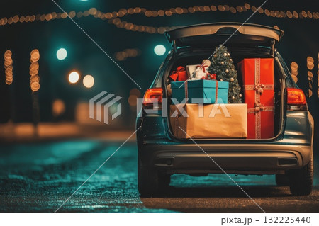 Festive Car Filled with Colorful Christmas Gifts and a Small Tree Decorated for the Holiday Season at Night with Soft Glowing Lights in the Background Festive Car Filled with Colorful Christmas Gifts and a Small Tree Decorated for the Holiday Season at Night with Soft Glowing Lights in the Background 132225440