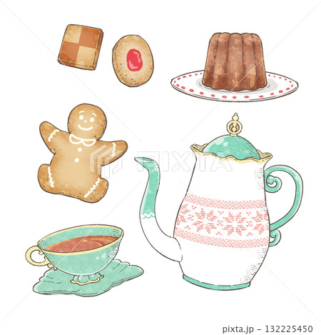 水彩風ティーポット・エメラルドグリーンティーカップとクリスマススイーツセット 132225450