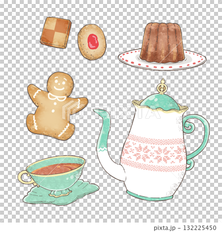 水彩茶壺、翠綠茶杯和聖誕糖果套裝 132225450