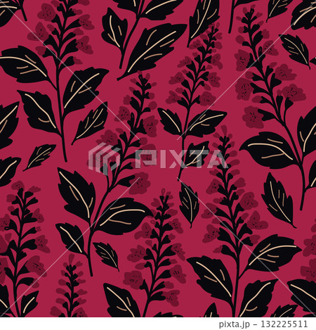 Hand drawn summer floral background. Botanical seamless pattern made of abstract flowers. Sketch drawing. Vintage style. Good for bedding, textile 132225511