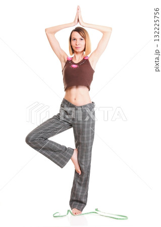 Beautiful young caucasian woman measuring her body with tape isolated 132225756
