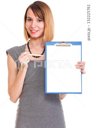 young business woman standing with her clipboard isolated young business woman standing with her clipboard isolated 132225761