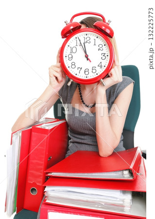 Woman work stoppage Overworked businesswoman plenty of documents isolated 132225773