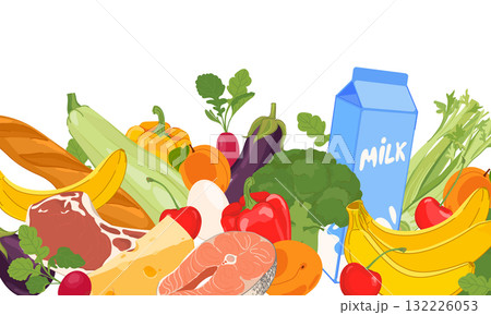 Healthy food vector in flat style. Supermarket products - milk, baguette, meat, fish, vegetables and fruits. Healthy low-calorie diet. Cartoon style. 132226053