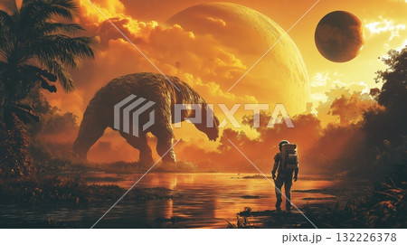 Astronaut explores alien landscape with giant creature under vibrant cosmic sky 132226378