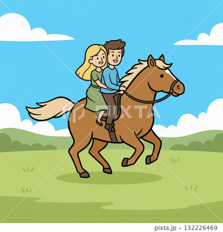 茶色の体と薄いベージュのたてがみ・尾を持つ、親しみやすいデフォルメされた馬のイラスト　カップル 132226469
