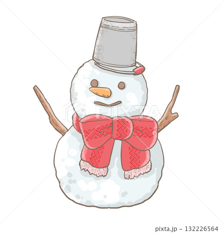 赤いマフラーを巻いた笑顔の雪だるま（水彩風） 132226564