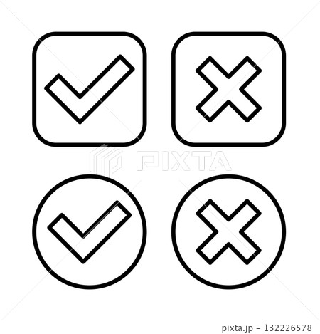 Checkmark and cross line icon set in square circle shapes. 132226578