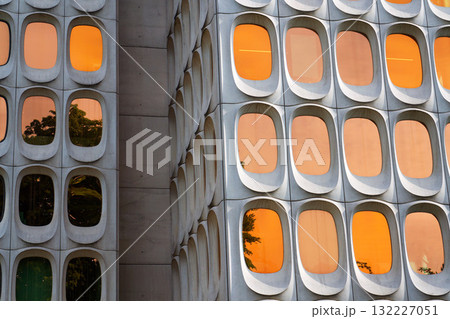 Facade of prefabricated modular concrete on the functionalist office CBR Building, Watermael-Boitsfort, Bussels, Belgium Facade of prefabricated modular concrete on the functionalist office CBR Building, Watermael-Boitsfort, Bussels, Belgium 132227051