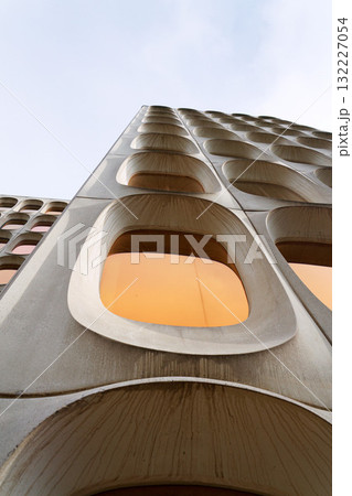 Facade of prefabricated modular concrete on the functionalist office CBR Building, Watermael-Boitsfort, Bussels, Belgium 132227054