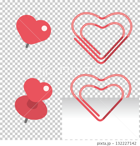 心形文具插圖（粉紅色圓形別針、圖釘和迴紋針） 132227142