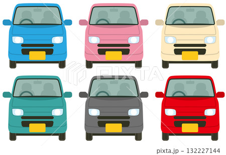 真正面の軽自動車のイラスト（主線なし・6色セット／青・ピンク・クリーム・深緑・黒・赤） 132227144
