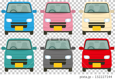 真正面の軽自動車のイラスト（主線なし・6色セット／青・ピンク・クリーム・深緑・黒・赤） 132227144