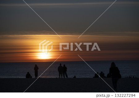 Sunset view at Courant de Huchet in the Landes department with silhouettes 132227294