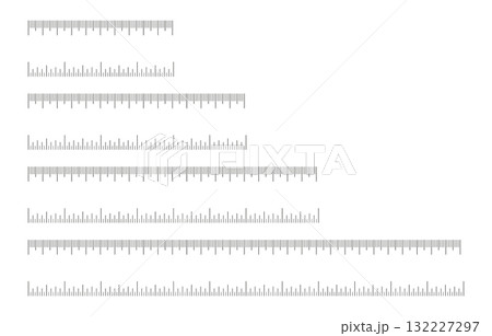 Charts 10, 15, 20, 30 centimeters, 4, 6, 8, 12 inches. Scales icon set. Measuring tools. Scale for ruler in centimeters, inches. Inch, metric rulers. Metrics indicator samples cm, inch.  132227297
