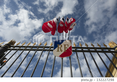 French flags waving proudly at the Prefecture in France under a bright sky French flags waving proudly at the Prefecture in France under a bright sky 132227298