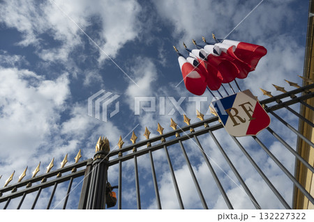 French flags waving proudly at the Prefecture in France under a bright sky 132227322
