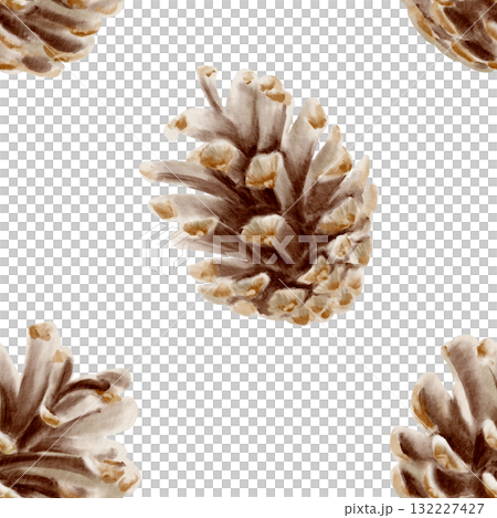 Brown Pine Cones in seamless pattern.Christmas decor in vintage colors for holiday decorations,wrapping paper and textile. Hand drawn watercolor illustrations on white background 132227427